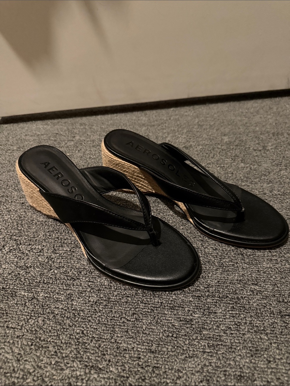AEROSOLES Black Woven-Wedge Thong Sandals